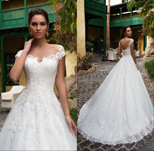 

a line lace wedding dresses illusion bodice lace-up jewel court train vintage garden boho weddings party bridal gowns, White