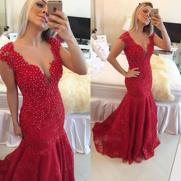 

new arabic style mermaid prom dresses dark red v-neck see through button back lace pearls cap sleeves reception evening gowns, Black