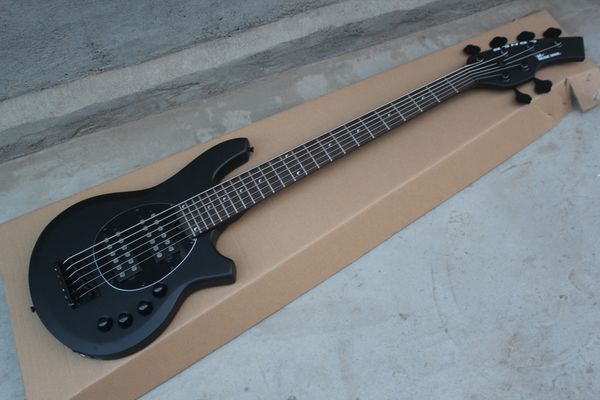 Bongo Music Man 6 Strings Bass erime Topu StingRay Mat Siyah Elektro Gitar 9V Pil HH Aktif Pikaplar Siyah Pickguard Siyah Donanım