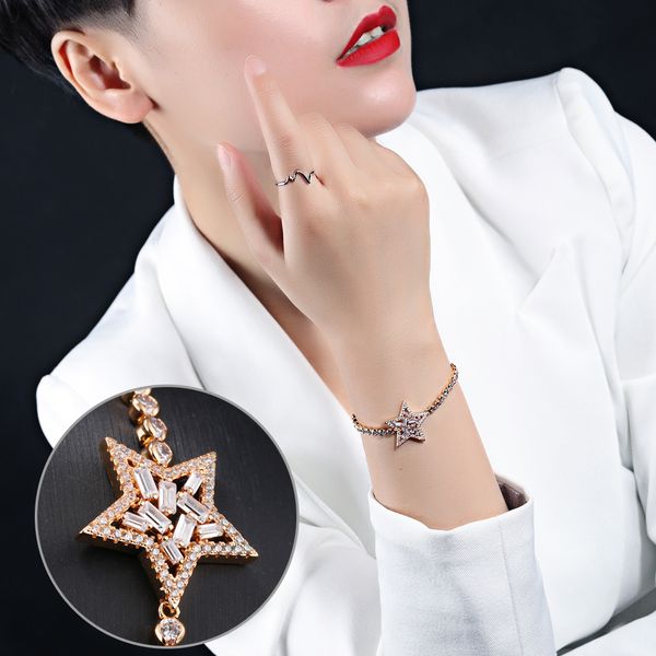 

new women flower five-pointed star copper platinum zircon chain bracelets fashion jewelry ladies adjustable cuff bracelet charm xmas gifts, Black
