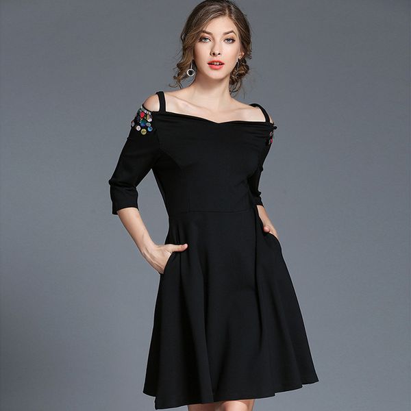 

little black daily casual wear off the shoulder evening gown with sleeves sequins short a line prom dress, Black;red