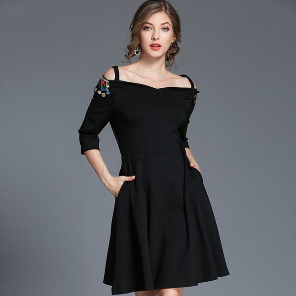 Little Black Daily Casual Wear Off The Shoulder vestido de noite com mangas de lantejoulas Curto A Line Prom Dress