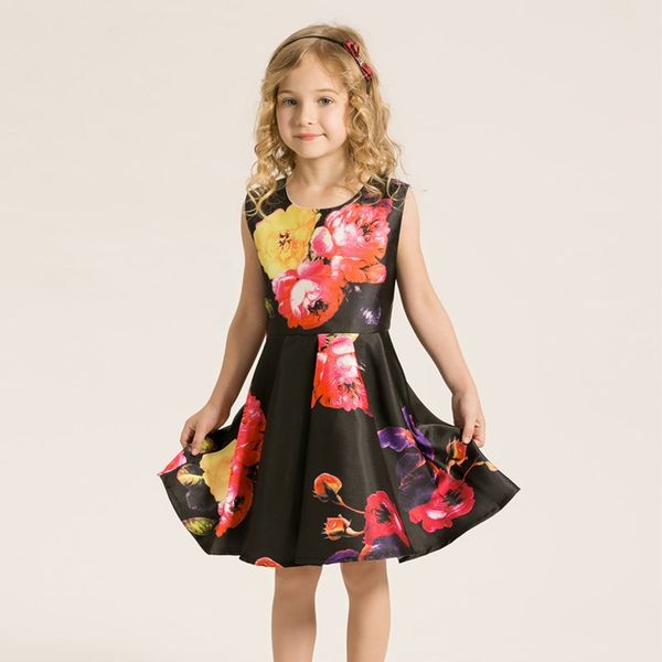 

sleeveless children dresses pink/black girl dress cute cotton o-neck knee-length floral print a-line draped polyester kids dresses, White;blue