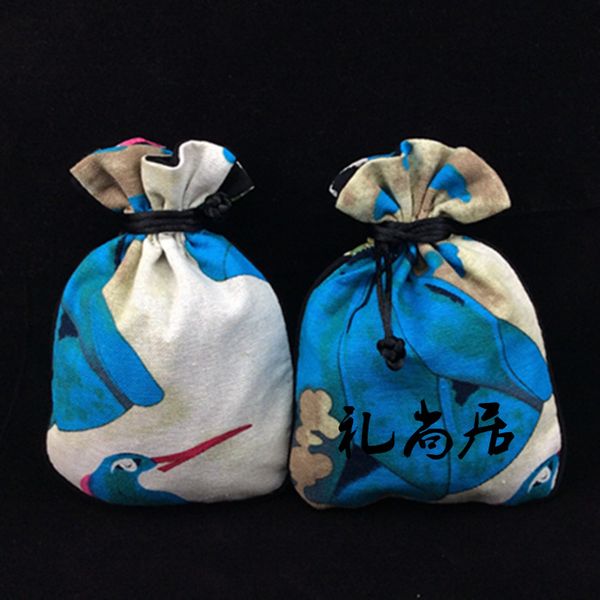 

elegant small cotton linen printed jewelry pouch drawstring chinese style gift packaging decorative coin storage tea candy favor bags, Pink;blue
