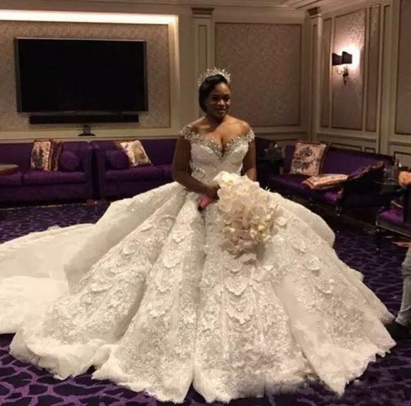 

luxury lace ball gown wedding dress off shoulder crystal bridal gowns bohemian plus size lace wedding dress with detachable train, White