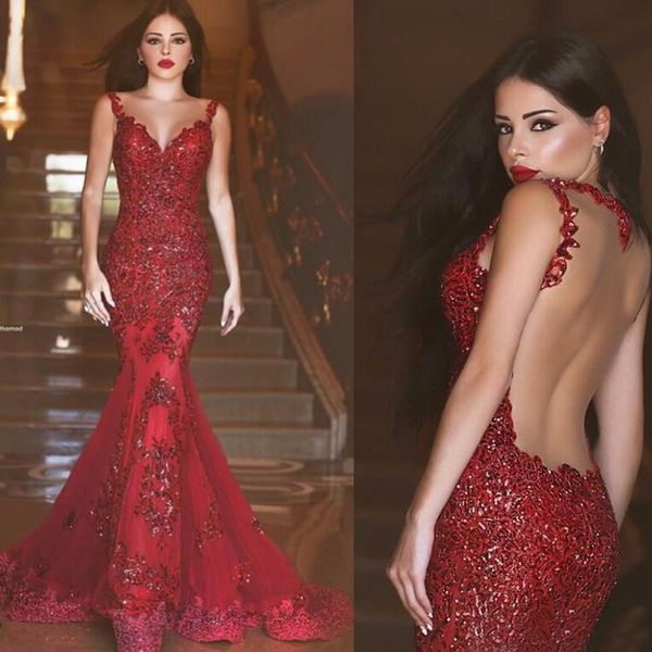 

Arabic Red Lace Long Evening Dress 2019 Robe de soiree Deep V Neck Hollow Back Mermaid Formal prom Dresses Evening Gown Sequins Appliques
