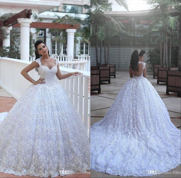 

2018 arabic dubai said mhamad cathedral train luxury wedding dresses ball gown sheer sweetheart 3d floral flowers backless bridal gowns, White