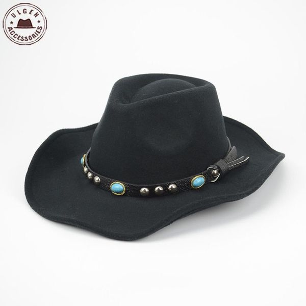 

wholesale-cool mens western cowboy hat black wool felt fedora hat classical stetson jazz hats large brim mens panama hat band fedora caps, Blue;gray