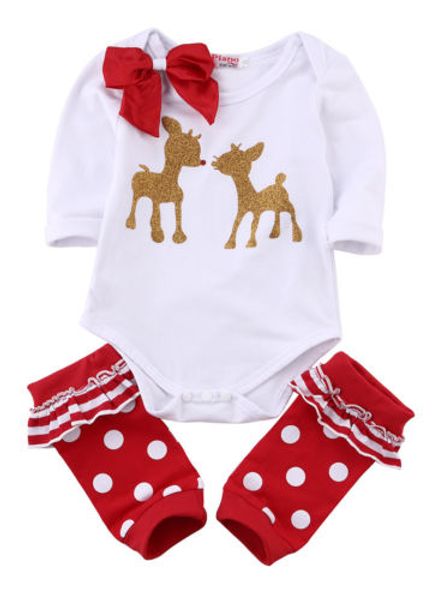 

christmas suit girls newborn baby clothing set long sleeve deer romper + leg warmer + headband kids xmas outfits set baby girl clothes set, White