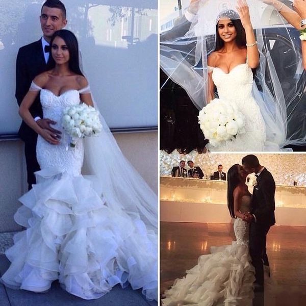 

2017 glamorous fashion mermaid wedding dresses off the shoulder tiered skirts bridal gowns lace ruffles pearls wedding dress, White