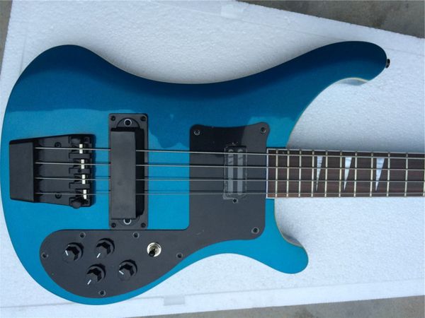 Custom 4 Saiten Metallic Blue 4003 E-Bass, schwarze Hardware, Dreieck-MOP-Griffbrett-Inlay, tolle China-Gitarren