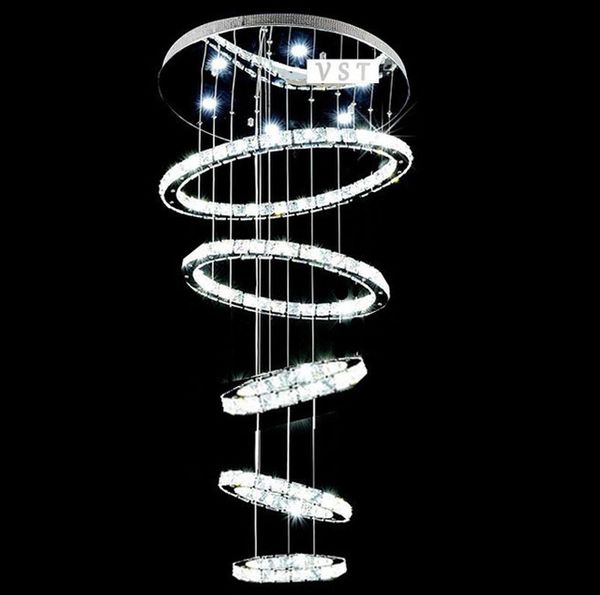 

5 circle ring modern minimalist penthouse floor living room led k9 crystal chandeliers creative villa long circular staircase lights