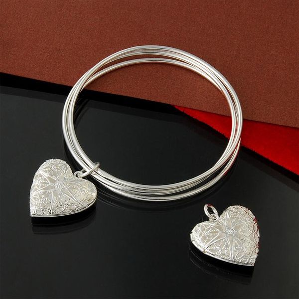 

factory direct wholesale 925 sterling silver three ring hanging heart-shaped box bangle bracelet fashion silver bracelet, Golden;silver