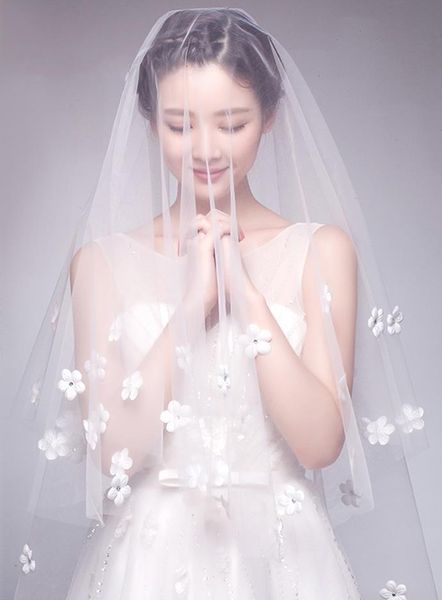 

pretty white petal long cathedral bridal veil floral appliques wedding veils, Black