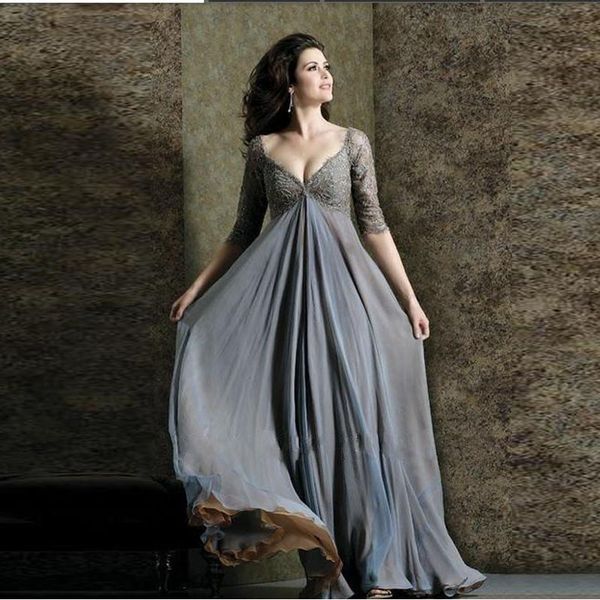 

a line plus size evening dresses v neck 3/4 sleeves chiffon prom dress lace floor, Black;red