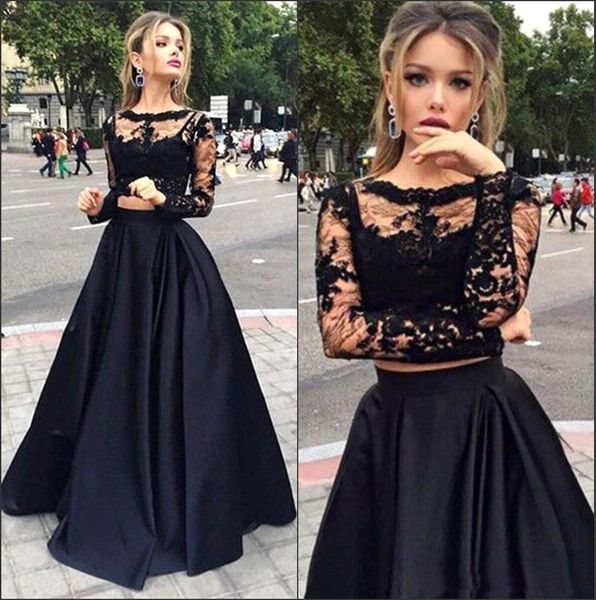 

selling black lace two pieces prom dresses 2016 illusion long sleeves satin long skirt evening gowns formal party dresses