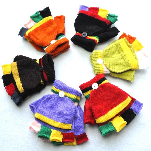 

5-15years new thicken warm infant baby boys girls winter warm gloves newborn patchwork colored mittens kids knitted half fingers flip gloves, White
