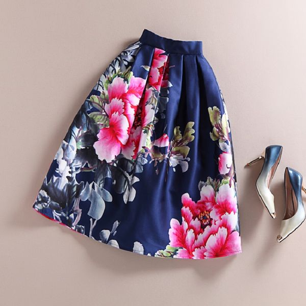 

wholesale-bunniesfairy autumn hepburn vintage style peony print high waist circle midi skirt rockabillytutu pin up swing full puff skirt, Black