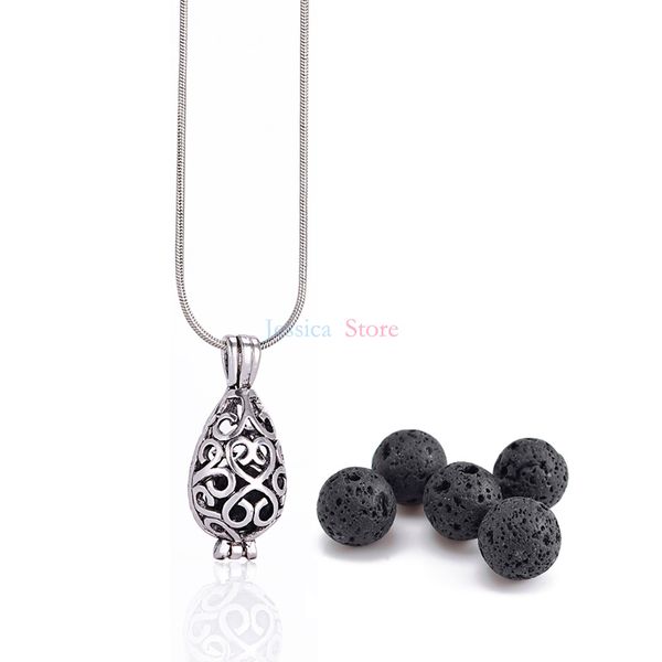 

wholesale- 1pc living locket 8mm lava stone essential oil diffuser hollow locket necklaces for gift, Silver