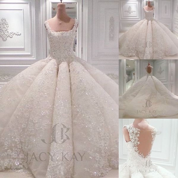 

роскошные кружева бальное платье свадебные платья 2018 бисером пайетки 3d цветочные аппликации свадебные платья лучшие продажи плюс размер с, White