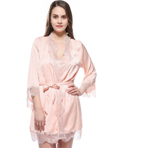 

wholesale- lisacmvpnel rayon silk lace nightwear women casual soft sleepwear lace robe set, Black;red