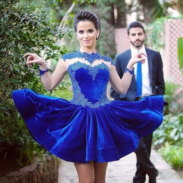 

Elegant Royal Blue Short Prom Dresses vestido de festa curto High Neck Appliqued Beaded Long Sleeve Graduation Dress