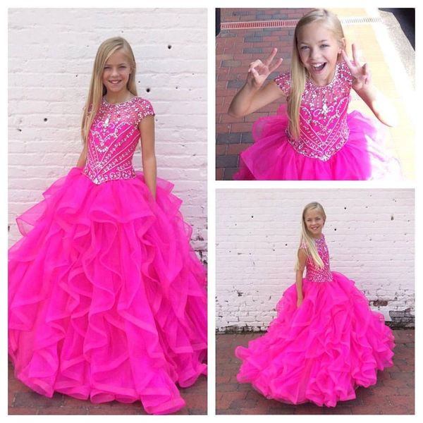 

2016 Fuchsia Girls Pageant Dresses with Cap Sleeves and Jewel Neck Tiers Layers Ruffles Organza Ball Gown Girls Holiday Gowns Custom Made