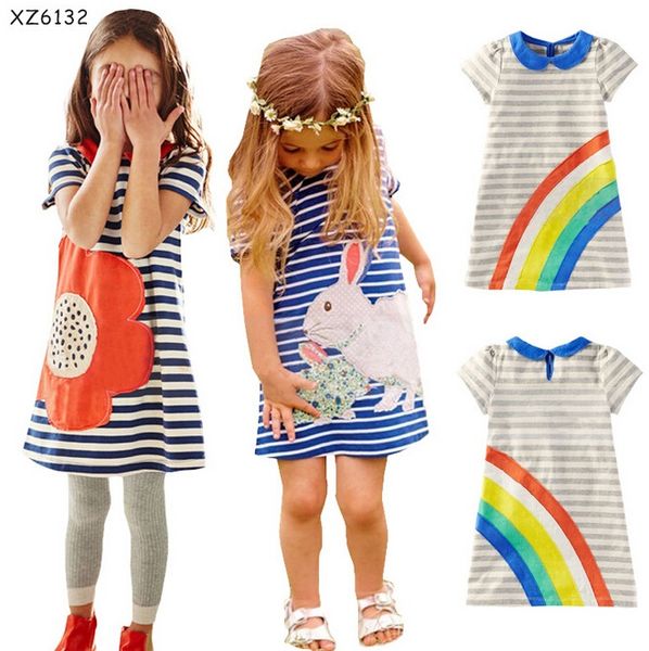 

samgami baby girl dress princess 2016 summer short sleeve rainbow striped flower rabbit girls clothes kids casual dresses children cotton, Red;yellow