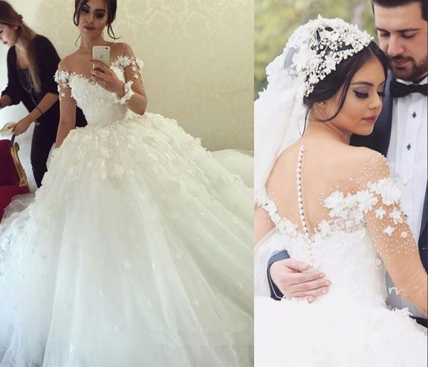 Ilusão jóia pescoço de mangas compridas vestido de noiva vestido de noiva com flores tule tule bish sweep sweep designer árabe vestidos de noiva de designer árabe