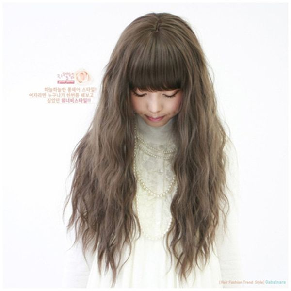 

woodfestival neat bangs fluffy long wig cosplay black brown flax yellow synthetic wigs party daily wear