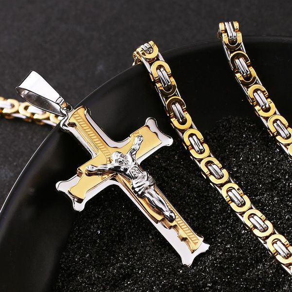 

stainless steel mens cross pendant necklaces christian jesus crucifix charm chain necklace for women fashion hip hop jewelry accessories, Silver