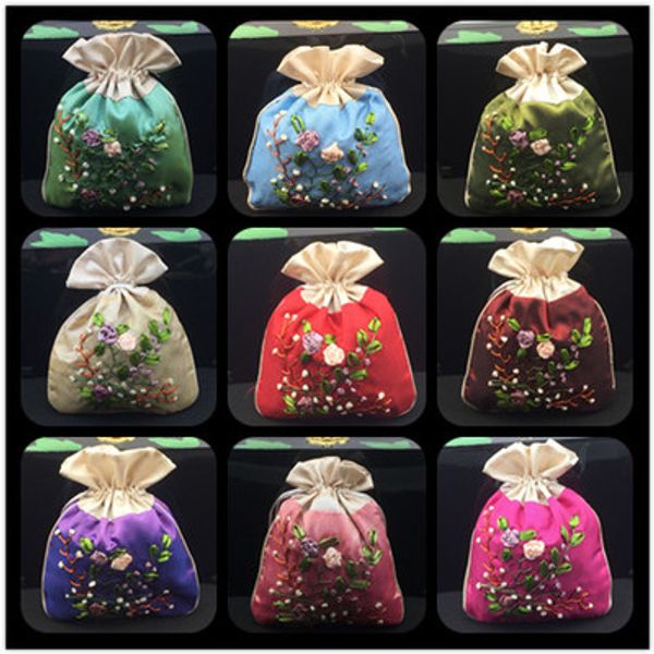 

ribbon embroidery patchwork small cloth bags for christmas candy gift bag drawstring satin china ethnic craft decorative packaging pouch
