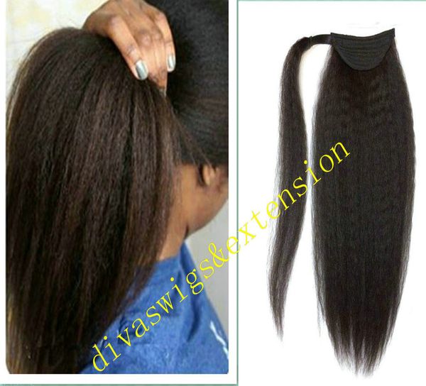 

1pc kinky straight hair ponytails clip in long straight hairpieces brazilian human hair wrap around pony tails hair extensions, Black