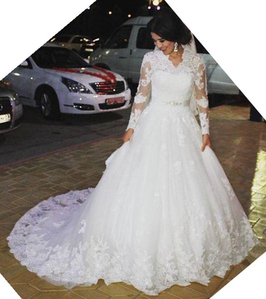

new modest design long sleeve wedding dress v neck beaded belt sequined lace ball gown princess bridal gowns custom size, White
