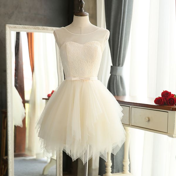 

scoop neck lace tulle short bridesmaid dress champagne 2019 knee length party dress elegant fast shipping, White;pink