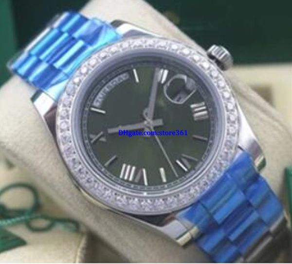 

factory supplier luxury day-date stainless steel automatic men's casual watch 118238 41mm green dial diamond bezel mens wristwatches, Slivery;brown