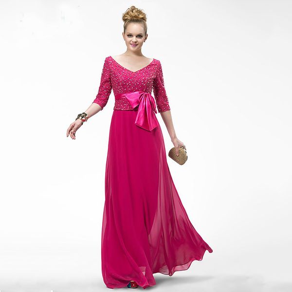 

2019 Newest Deep V Neck Sashes Half Sleeves Evening Dress Long Lace Chiffon Formal Gown Floor-Length Hourglass Prom Dress Vestido De Festa