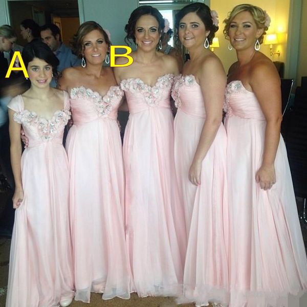 Rosa Chiffon Zwei Stil lange Brautjungfernkleider Schatz Perlen A-Linie Trauzeugin Kleider für Hochzeitsgäste Partykleider