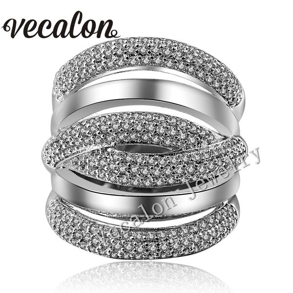 Vecalon pavimentar 234pcs topázio simulado diamante cz anel de casamento de noivado de cruz para mulheres 14kt ouro branco cheia anel de banda fêmea