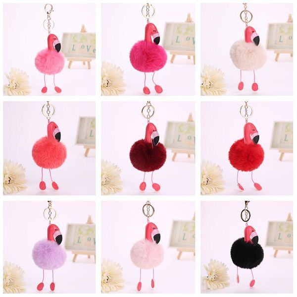 

pu leather flamingo pendant artificial fur ball new key chain cartoon bag key ring kr353 keychains mix order 20 pieces a lot, Slivery;golden