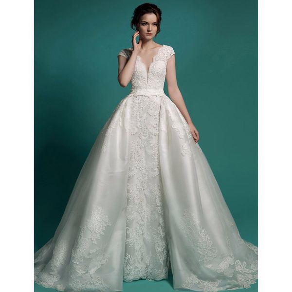 

new arrival detachable train wedding dresses appliques satin v-neck cap sleeve vestido de novia bridal dress, White
