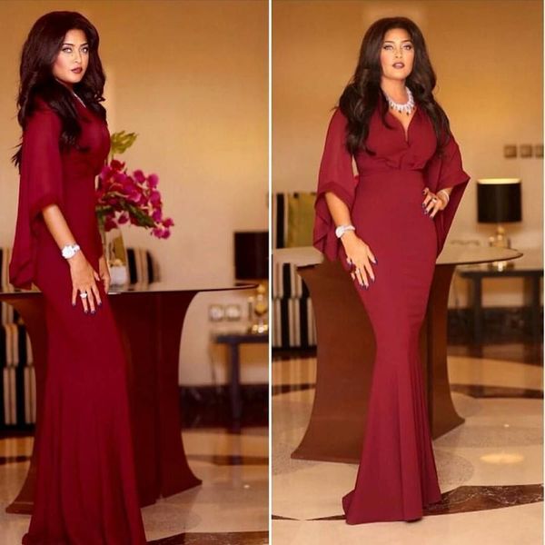 

elegant chiffon mermaid v neck evening dresses 2018 vestidos de fiesta half sleeves women formal gowns party prom dresses, Black;red