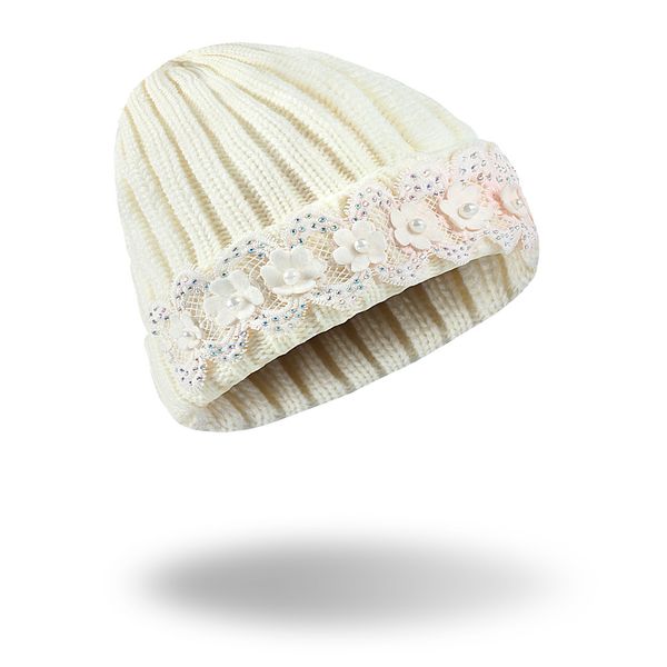 Cappello invernale adorabile con diamante Bling di alta qualità Berretto in lana di perle di pizzo creativo cappello lavorato a maglia con diamanti berretto di perle di lana Cappelli di Natale Prezzo all'ingrosso