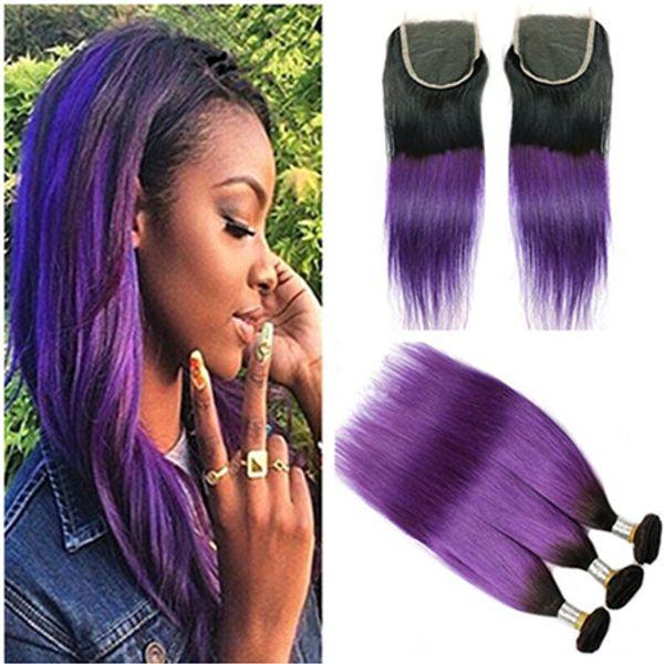 Two Tone 1b Purple Ombre 4x4 Lace Top Closure With 3bundles