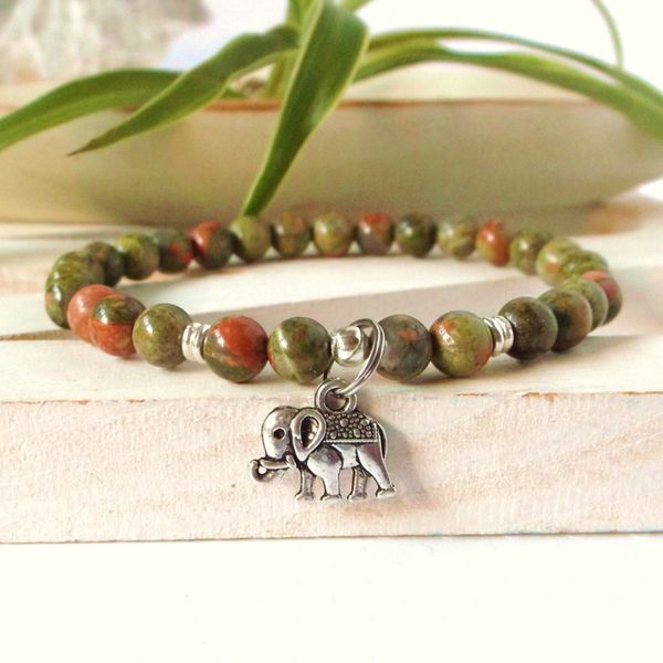 SN0345 Bracciale portafortuna elefante per uomo braccialetto in pietra naturale unakite Ganesh yoga energia curativa braccialetto mala da polso da uomo