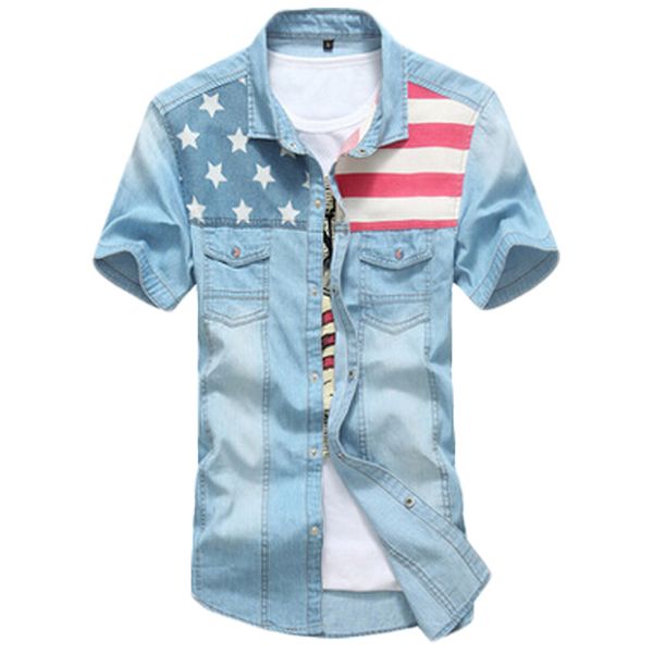 Atacado-2016 Marca Homens Camisas Bandeira Americana Algodão Turn-down Collar Denim Camisas Homens Mangas Curtas Denim Masculino Camisas 33hfx