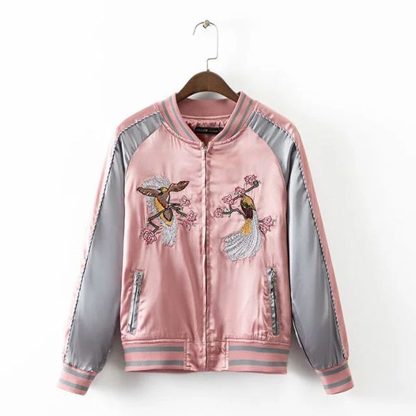 

wholesale- vintage sukajan style embroidery jacket flower phoenix bird pattern contrast sleeve pink bomber jacket c3304, Black;brown