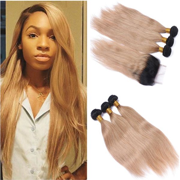 1b 27 Honey Blonde Ombre Virgin Brazilian Hair Weaves With Lace