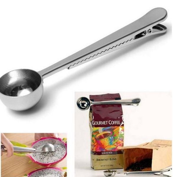 

new arrive stainless steel ground coffee measuring scoop spoon with bag seal clip silver