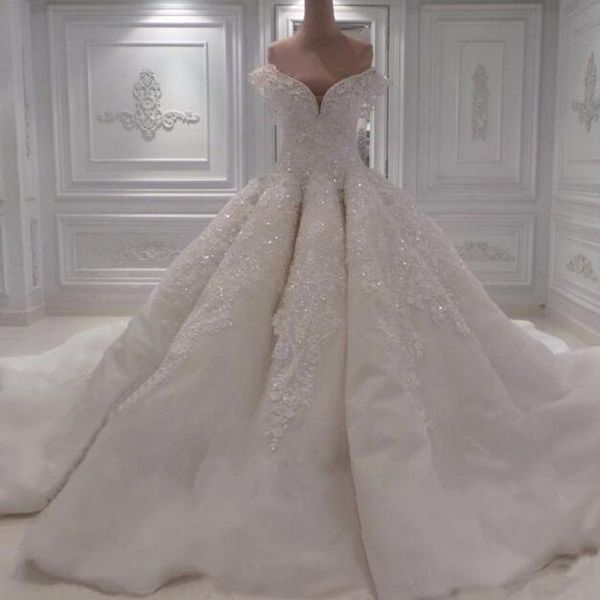 

luxury big ball gown wedding dresses off the shoulder wave design beaded crystals lace appliques custom made bridal gowns, White